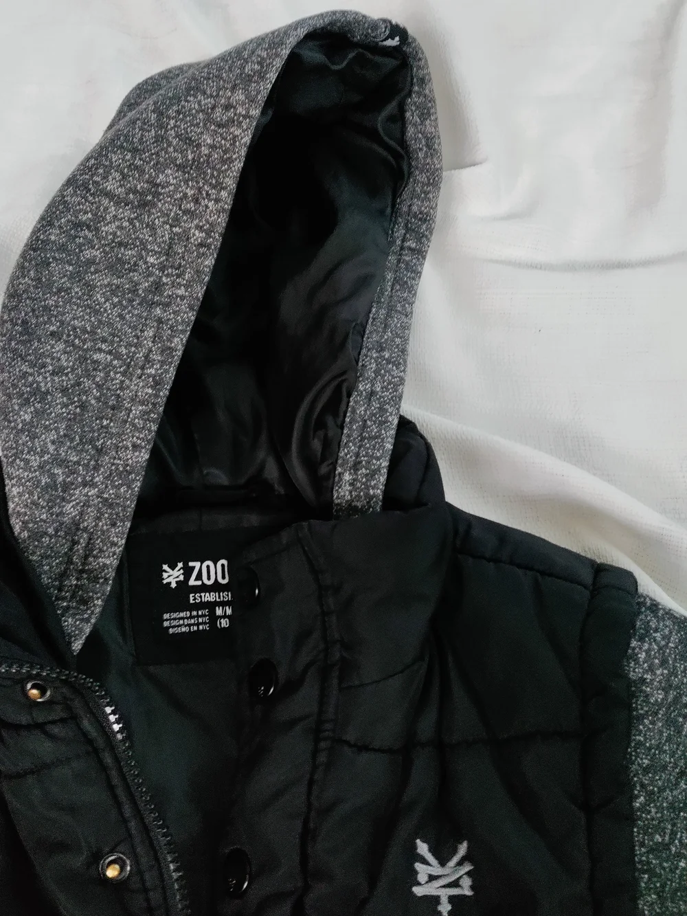 Zoo York Black Puffer Jacket with Gray Hood & Sleeves